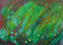 abstract acrylic painting in reds and greens