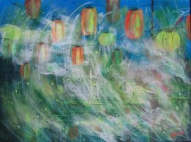 abstract painting of paper lanterns and lightning bugs