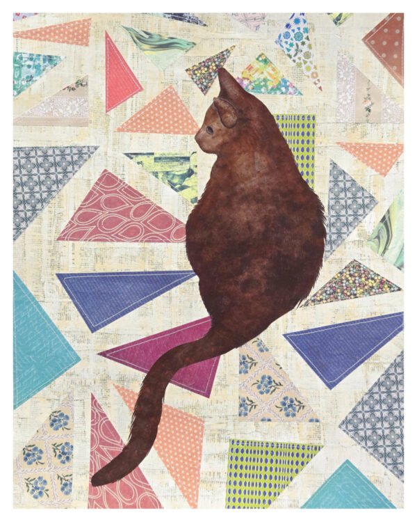 collage of a cat sitting on a quilt by artist Karen Koch 2024.