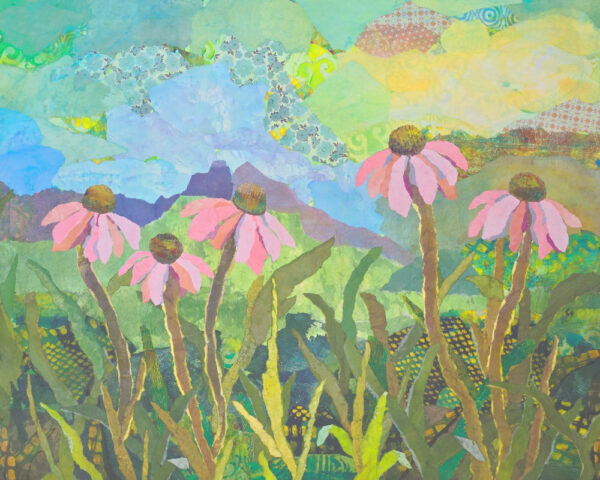 Paper collage titled Coneflowers by artist Karen Koch